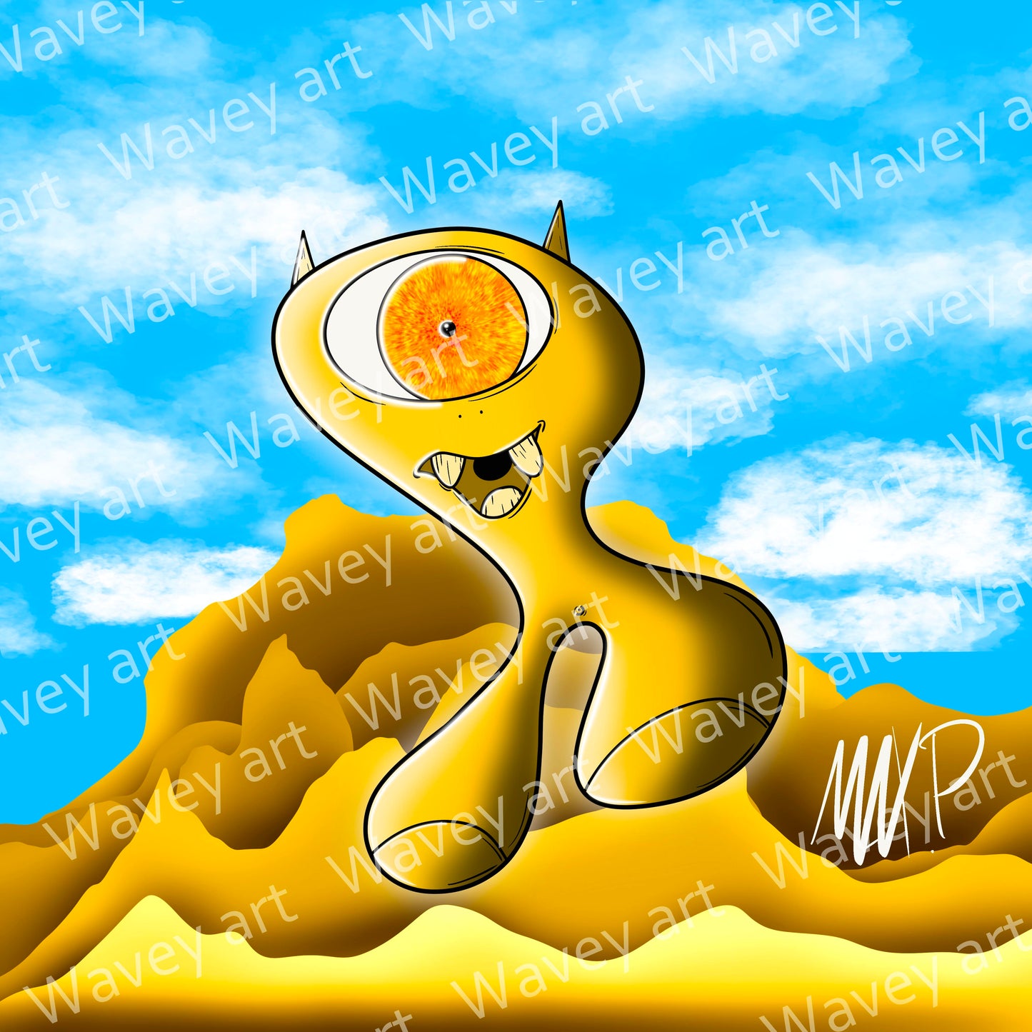 Digital artwork titled FINN by Max.P, showing a sand-colored figure with one lava-eyed iris, open mouth, three teeth, and pointed ears on a blue sky and cloud background with sandy hills, with visible watermark