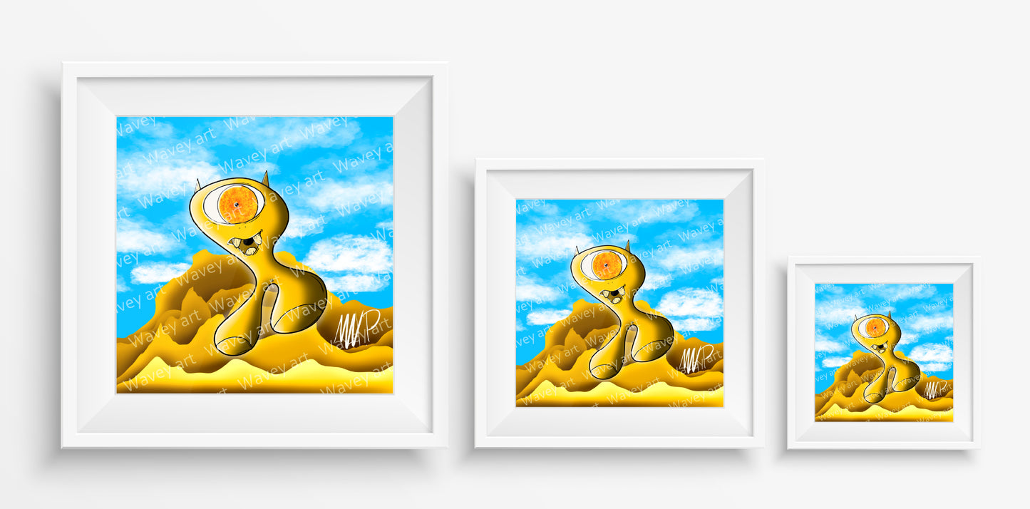 Mock-up display of the FINN art print by Max.P in three square sizes: 20×20 cm, 30×30 cm, and 40×40 cm, showing sand-toned character with lava iris on blue sky and hills