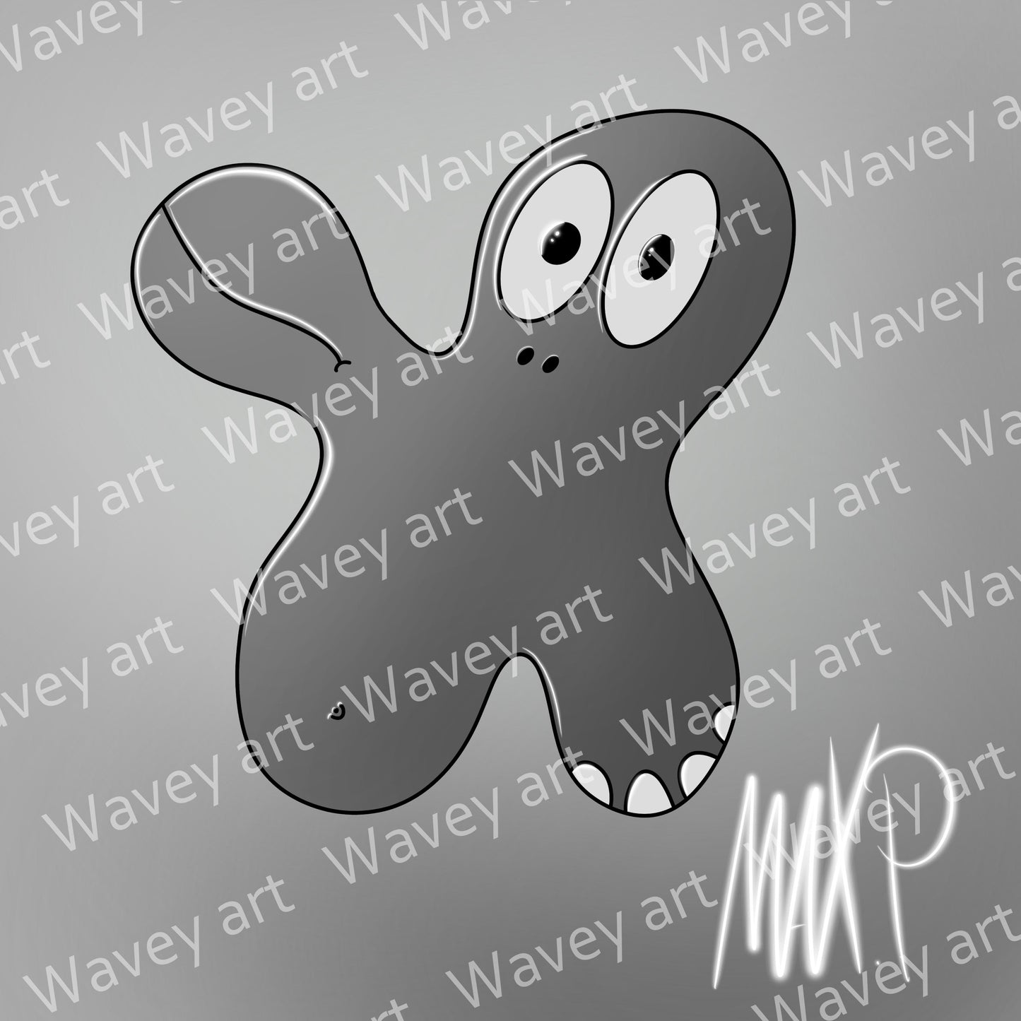 Digital artwork titled Joep by Max.P, showing a dark grey two-eyed figure with a closed mouth on a light grey background with visible watermark