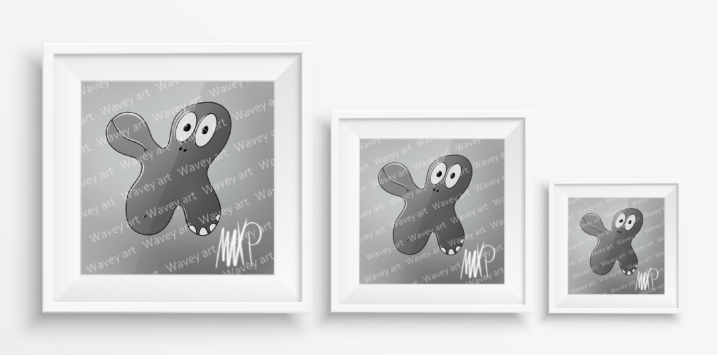 Mock-up display of the Joep art print by Max.P in three square sizes: 20×20 cm, 30×30 cm, and 40×40 cm, showing dark grey figure on light grey background