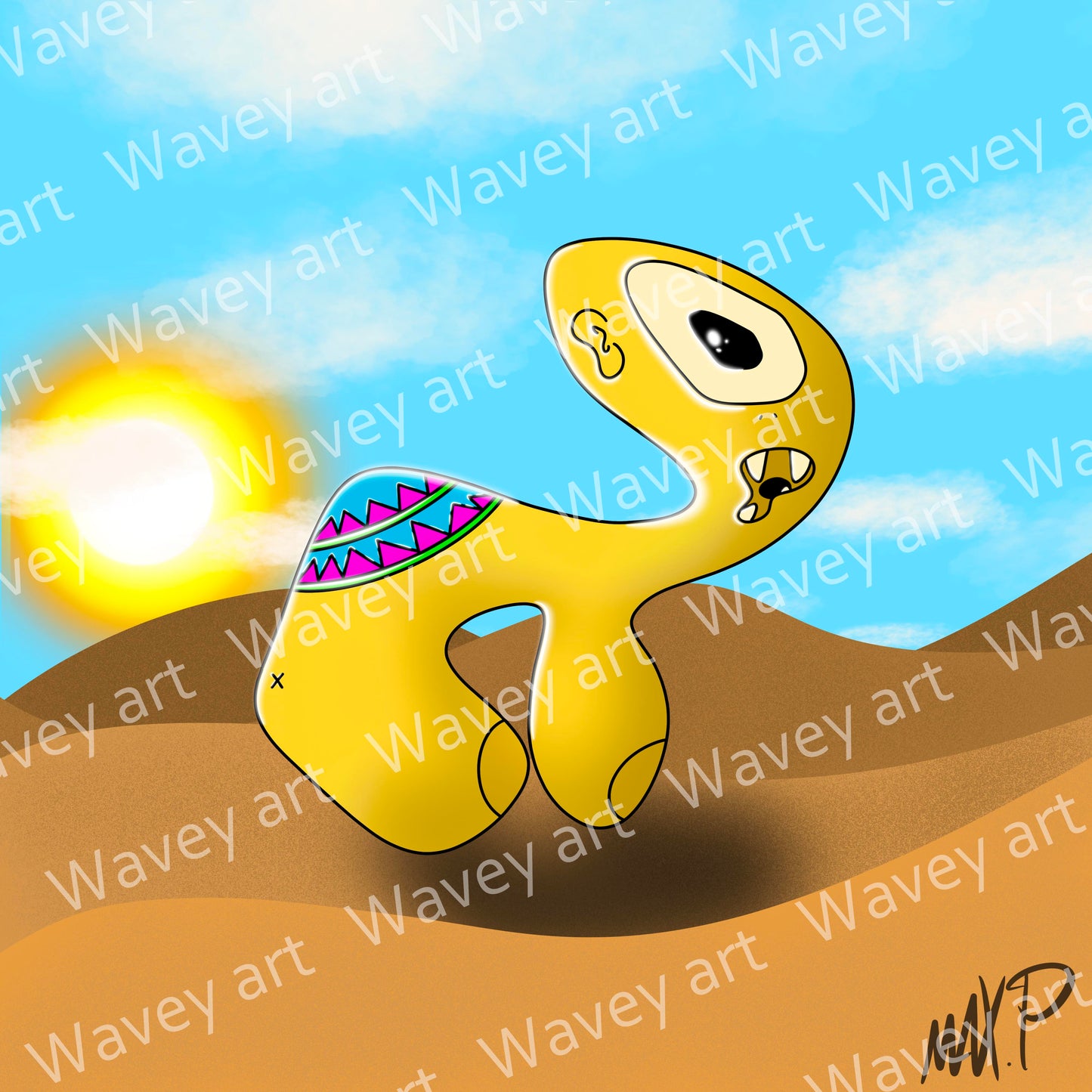Digital artwork titled Kamma by Max.P, showing a mustard-yellow one-eyed figure with an open mouth and a pink-blue blanket-like shape on its back, standing in a desert with sun, blue sky, clouds, and wavy sand, with visible watermark