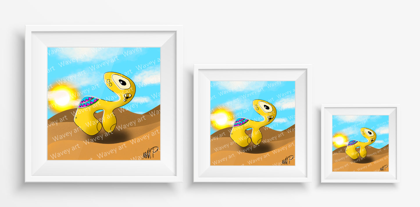 Mock-up display of the Kamma art print by Max.P in three square sizes: 20×20 cm, 30×30 cm, and 40×40 cm, showing mustard-yellow figure in desert scene with sun and dunes