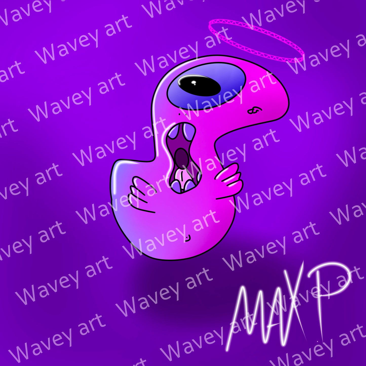 Digital artwork titled Kik by Max.P, showing a pastel pink one-eyed figure with open mouth and a halo above its head on a purple background with visible watermark