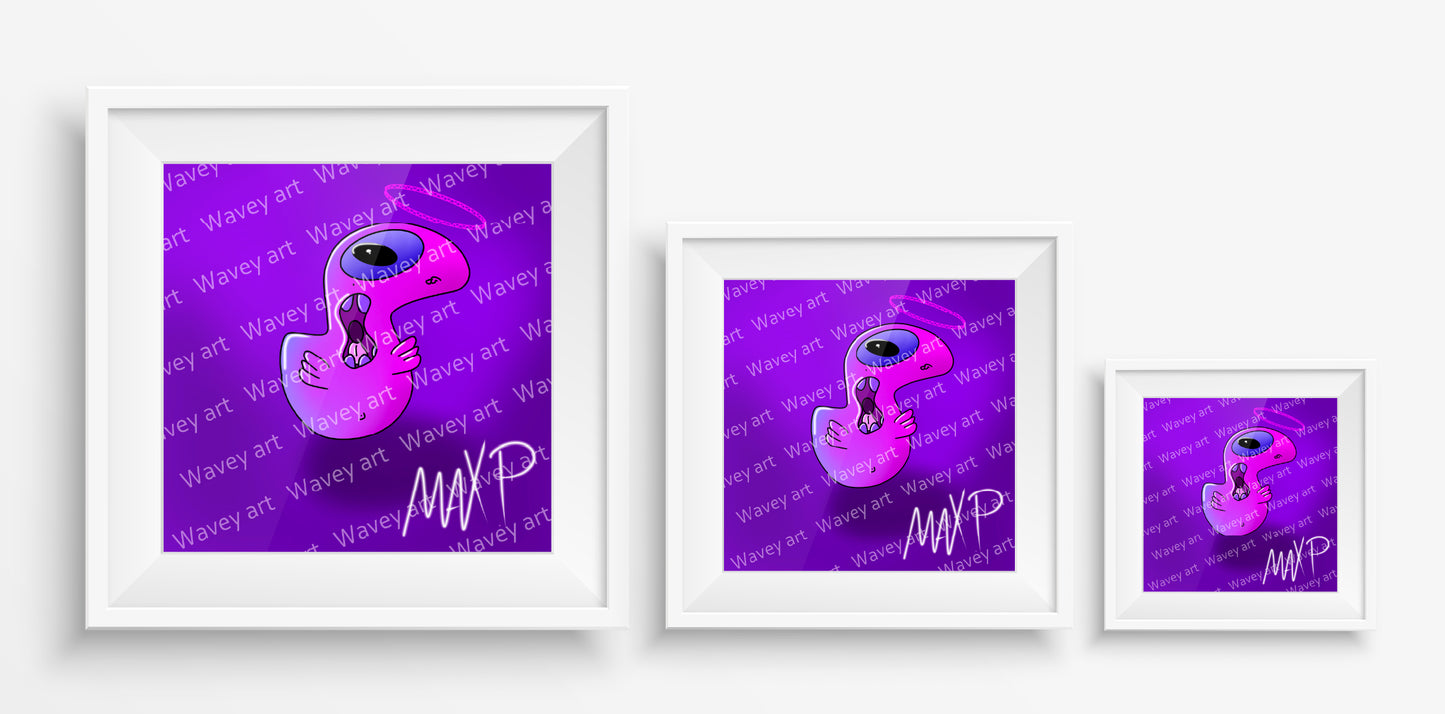 Mock-up display of the Kik art print by Max.P in three square sizes: 20×20 cm, 30×30 cm, and 40×40 cm, showing pink figure with blue eye and halo on purple background