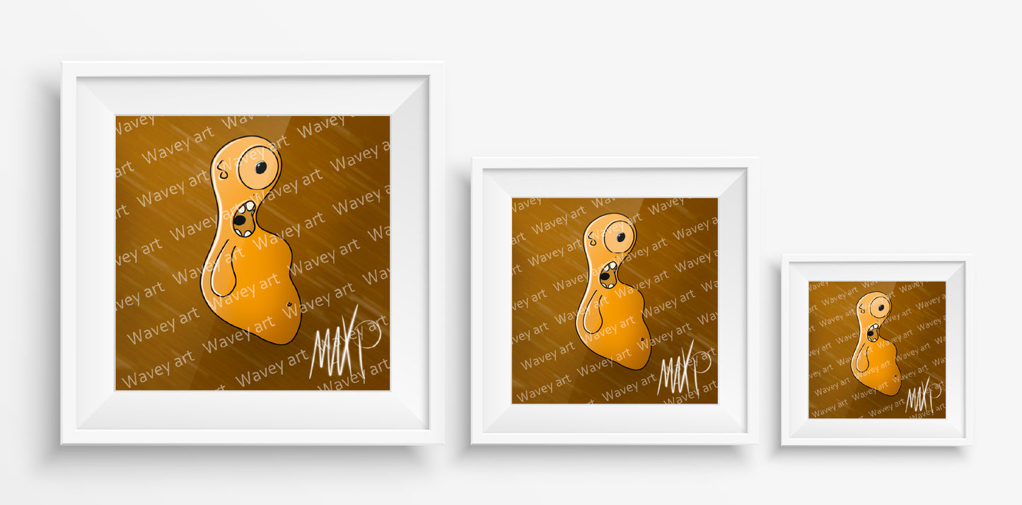 Mock-up display of the Lalla art print by Max.P in three square sizes: 20×20 cm, 30×30 cm, and 40×40 cm, showing light brown one-eyed figure on brown striped background
