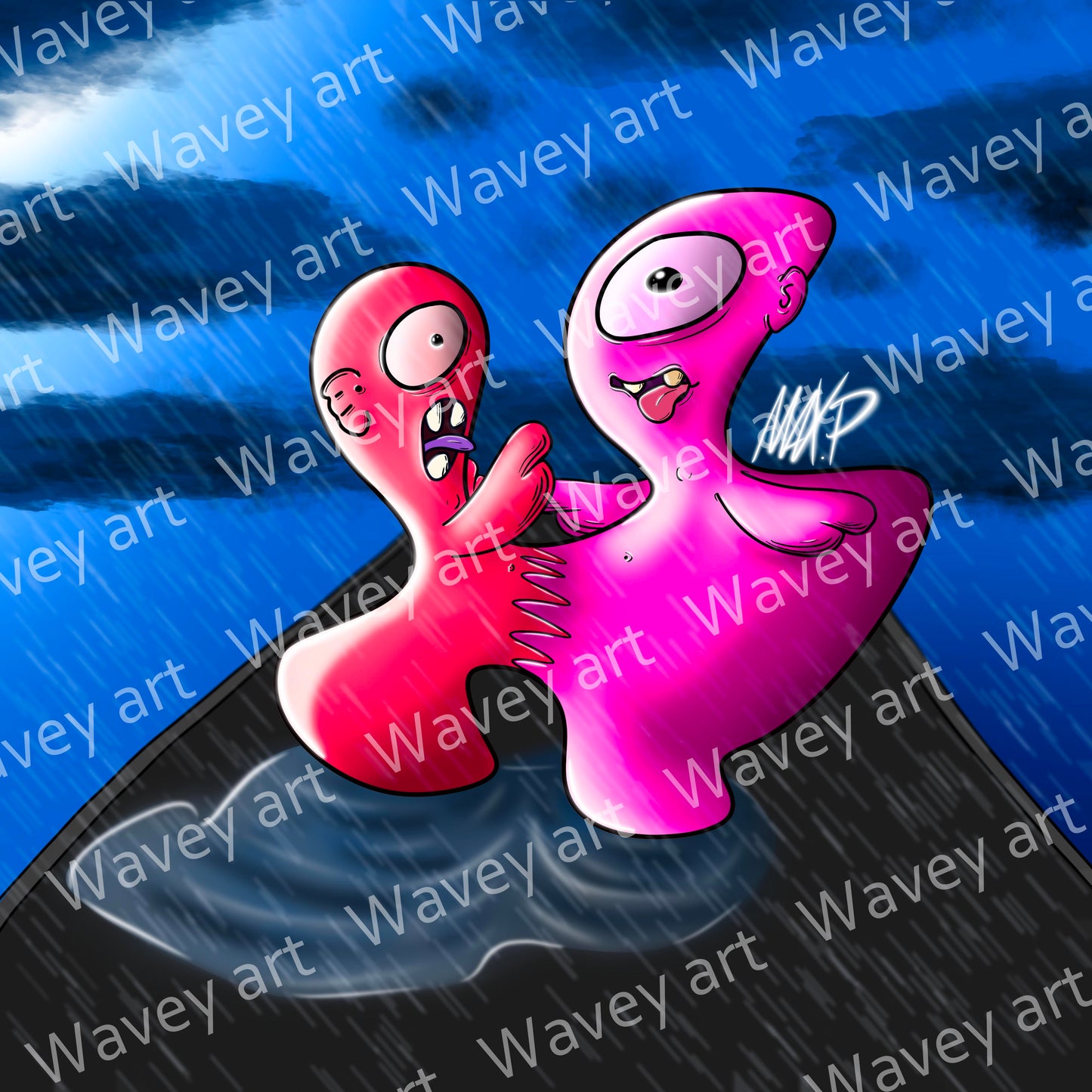 Digital artwork titled LIV ∞ LIS by Max.P, showing two one-eyed rose-toned figures with tongues out, connected by a zigzag pattern, standing in a puddle on asphalt under grey clouds and rain, with visible watermark