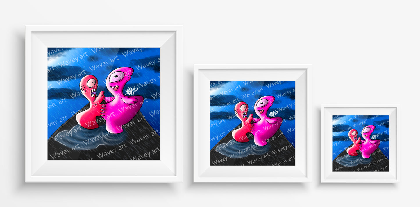 Mock-up display of the LIV ∞ LIS art print by Max.P in three square sizes: 20×20 cm, 30×30 cm, and 40×40 cm, showing two connected rose-toned characters in a rainy scene with clouds and puddle