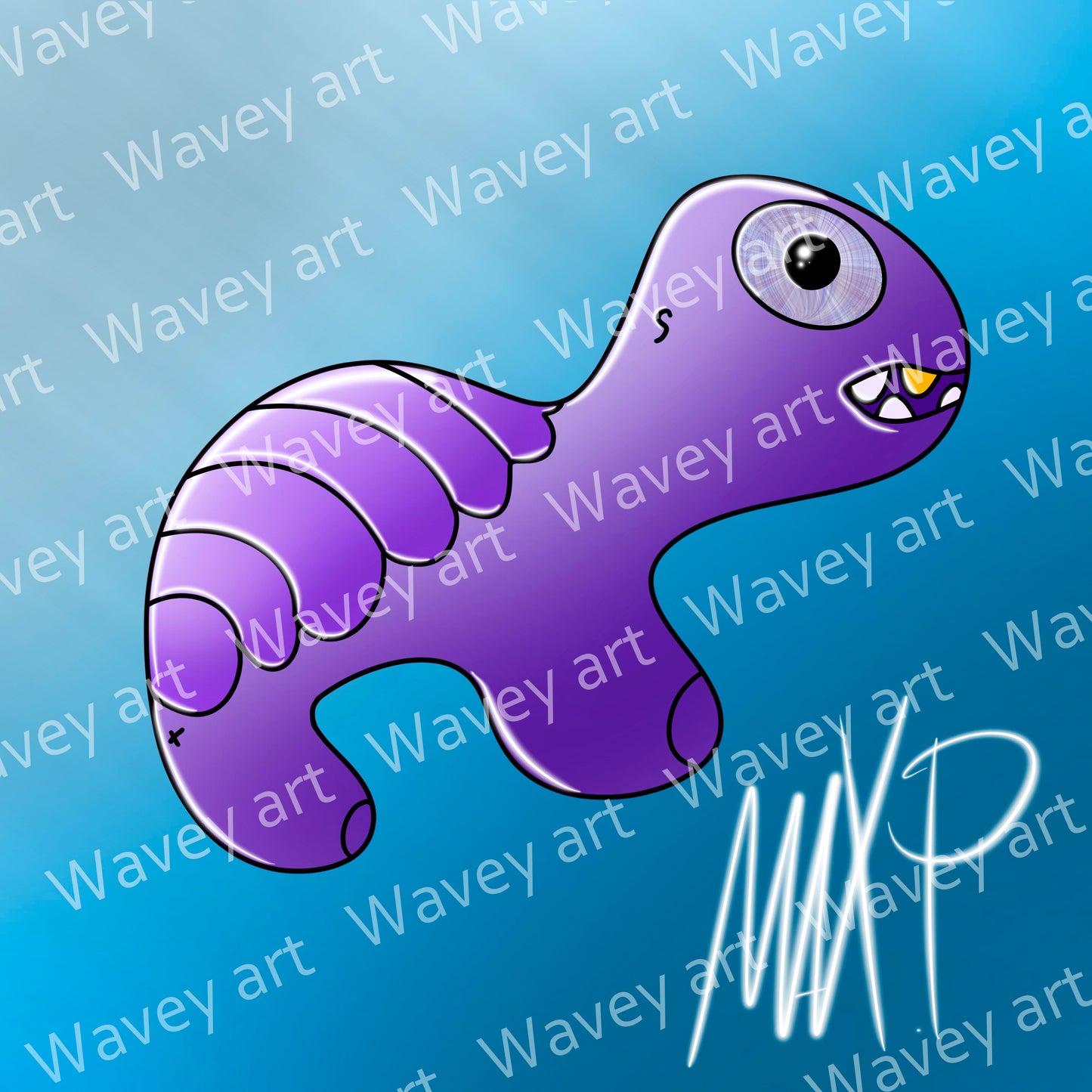 Digital artwork titled PADDA by Max.P, showing a lilac-purple one-eyed figure with a gold tooth, mushroom-shaped, on a deep blue background with an underwater feel, with visible watermark