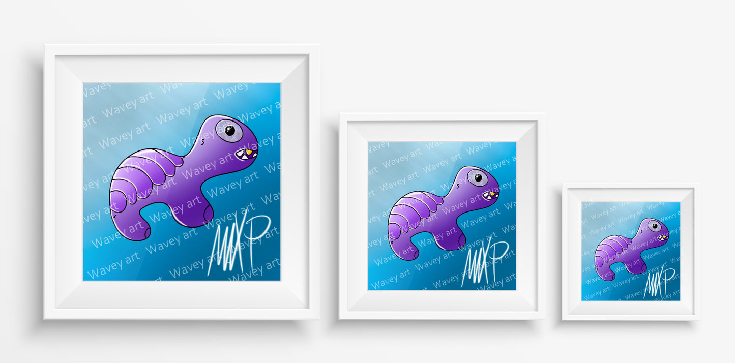 Mock-up display of the PADDA art print by Max.P in three square sizes: 20×20 cm, 30×30 cm, and 40×40 cm, showing lilac figure with gold tooth on blue background