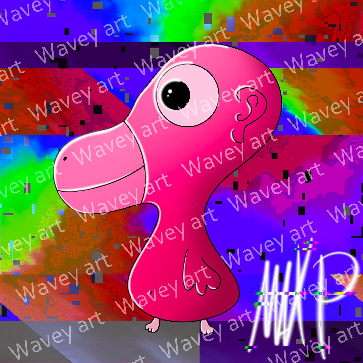 Digital artwork titled Runo by Max.P, showing a pink one-eyed figure with a duck-like beak, single ear, and small feet, standing in front of a multicolored glitch-style background with visible watermark