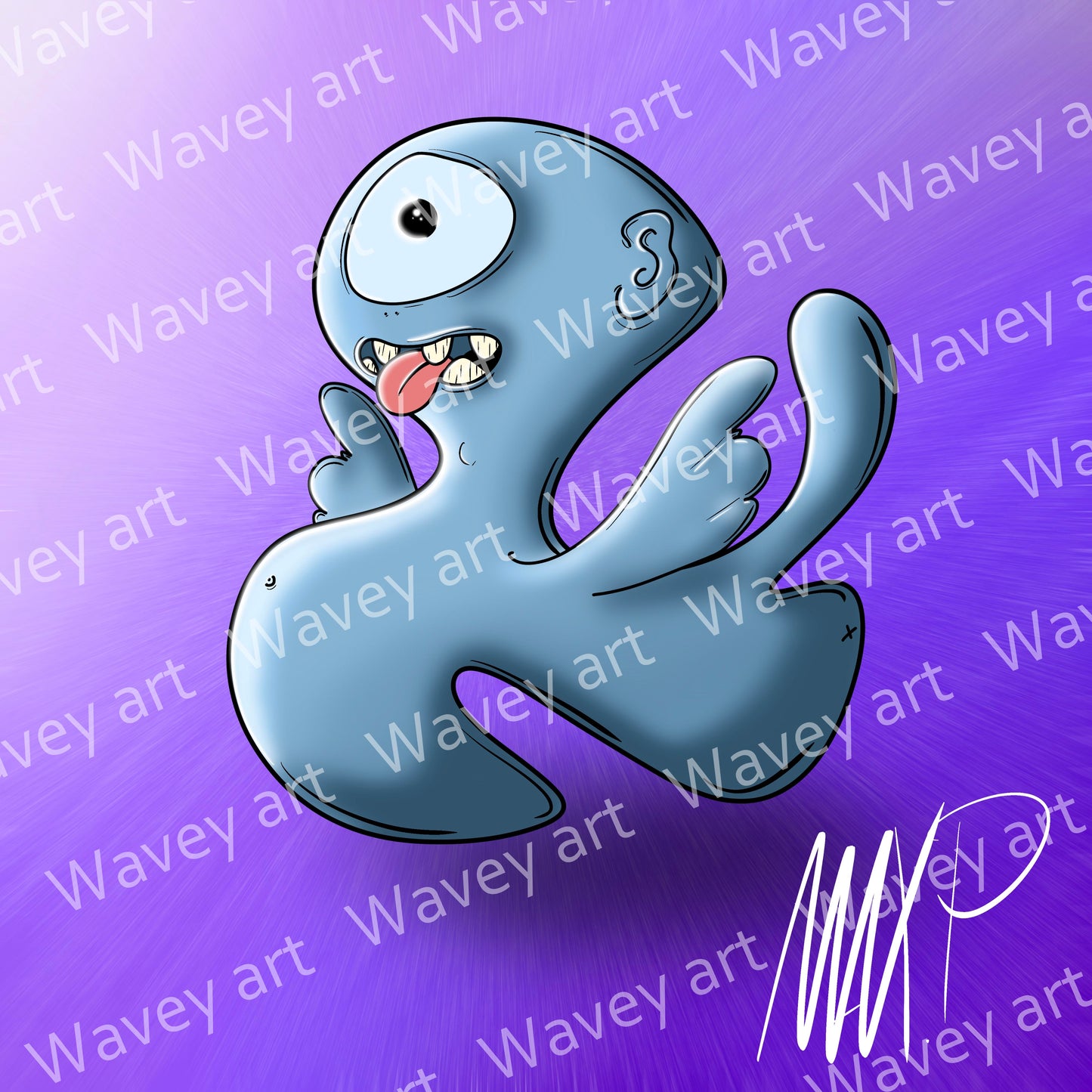 Digital artwork titled Troll by Max.P, showing a grey-blue one-eyed figure with tongue out and wings open on a purple background with soft white haze, with visible watermark