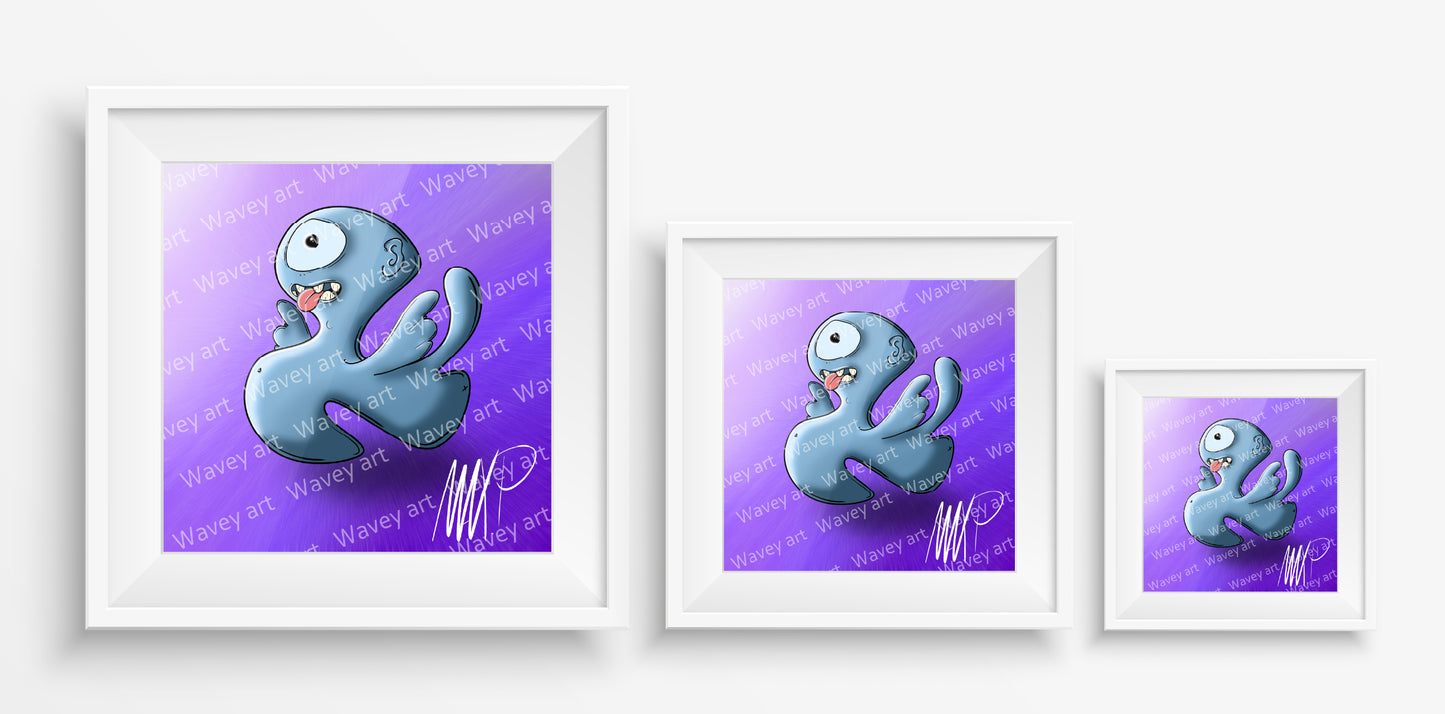 Mock-up display of the Troll art print by Max.P in three square sizes: 20×20 cm, 30×30 cm, and 40×40 cm, showing grey-blue figure with wings and tongue out on purple background