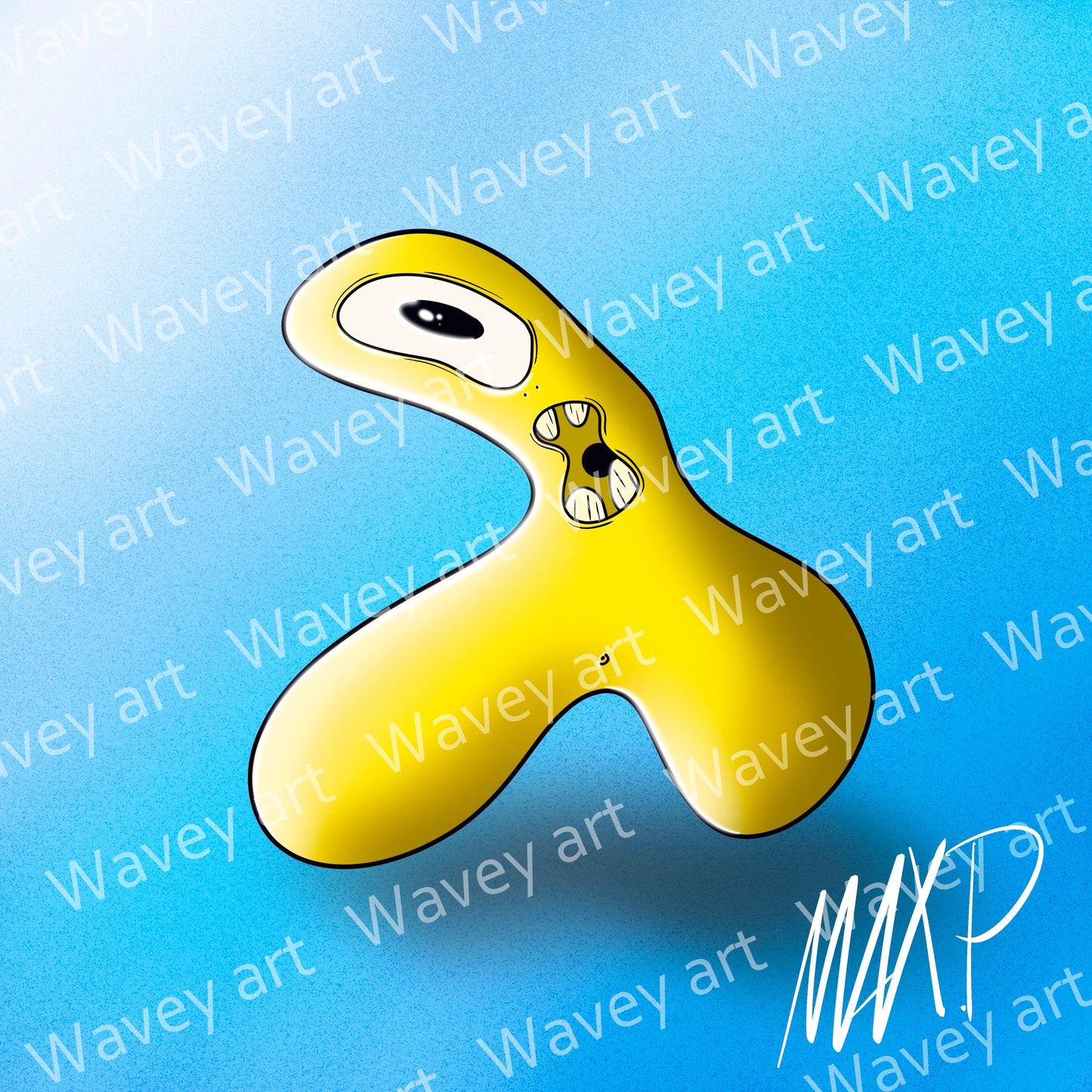 Digital artwork titled Zack by Max.P, showing a yellow one-eyed figure with an open mouth on a blue background with a soft white haze, with visible watermark