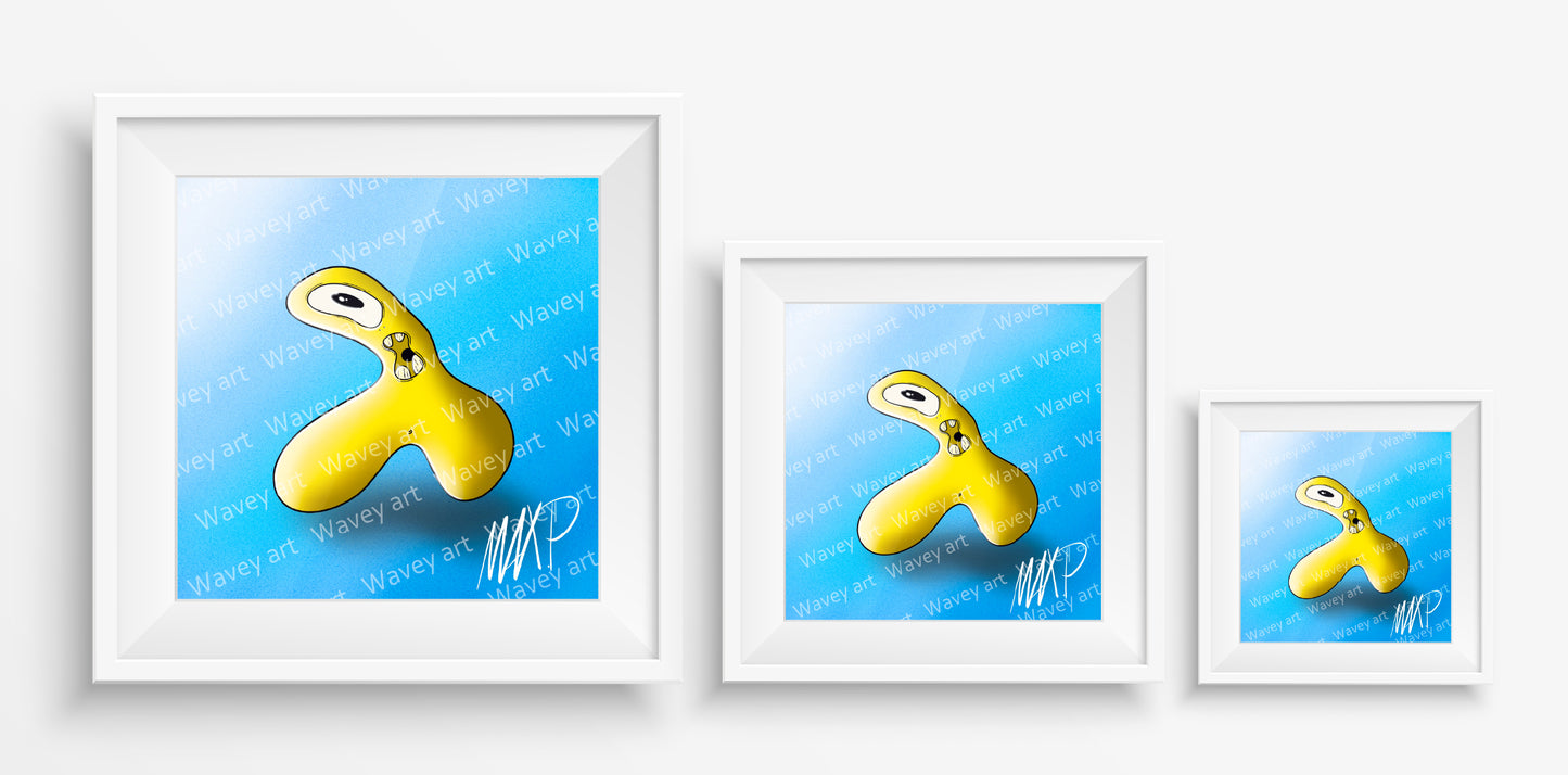 Mock-up display of the Zack art print by Max.P in three square sizes: 20×20 cm, 30×30 cm, and 40×40 cm, showing yellow figure on blue background with white haze