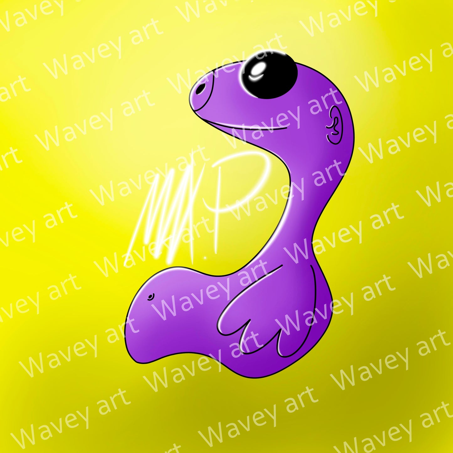 Close-up of Zappo artwork by Max.P, showing purple abstract lines on vibrant yellow with surreal one-eyed character detail