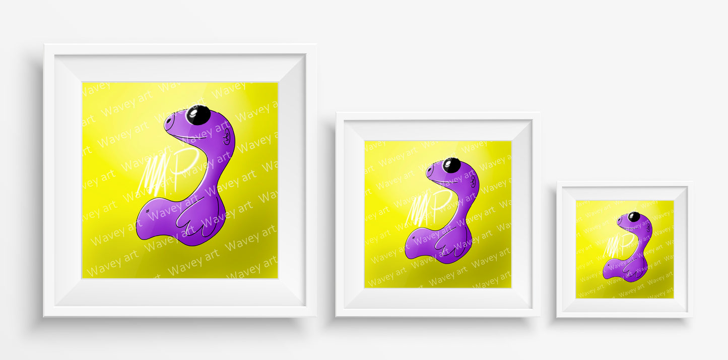 Digital art poster titled Zappo by Max.P, featuring a purple one-eyed figure on a bright yellow background