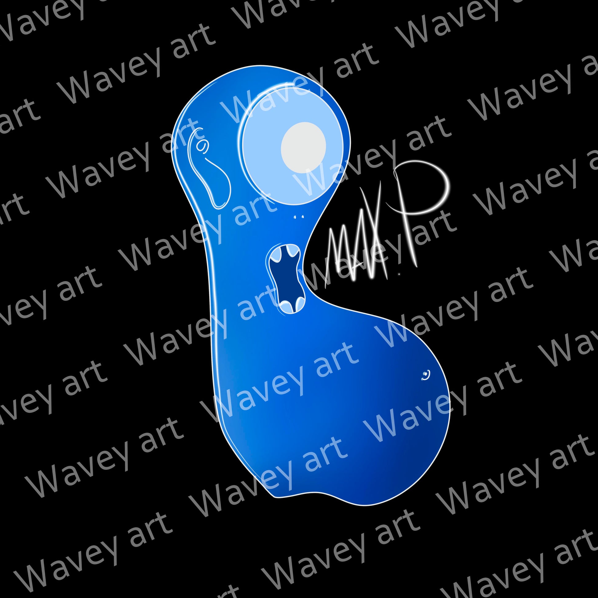 Digital artwork titled Abbo by Max.P, showing a blue one-eyed figure with an open mouth and white pupil on a black background with visible watermark

