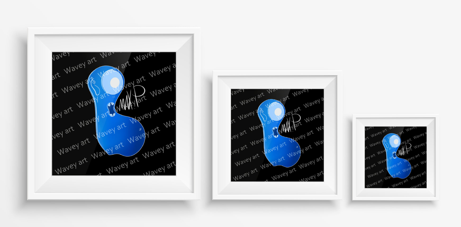 Mock-up display of the Abbo art print by Max.P in three square sizes: 20×20 cm, 30×30 cm, and 40×40 cm, showing blue figure on black background