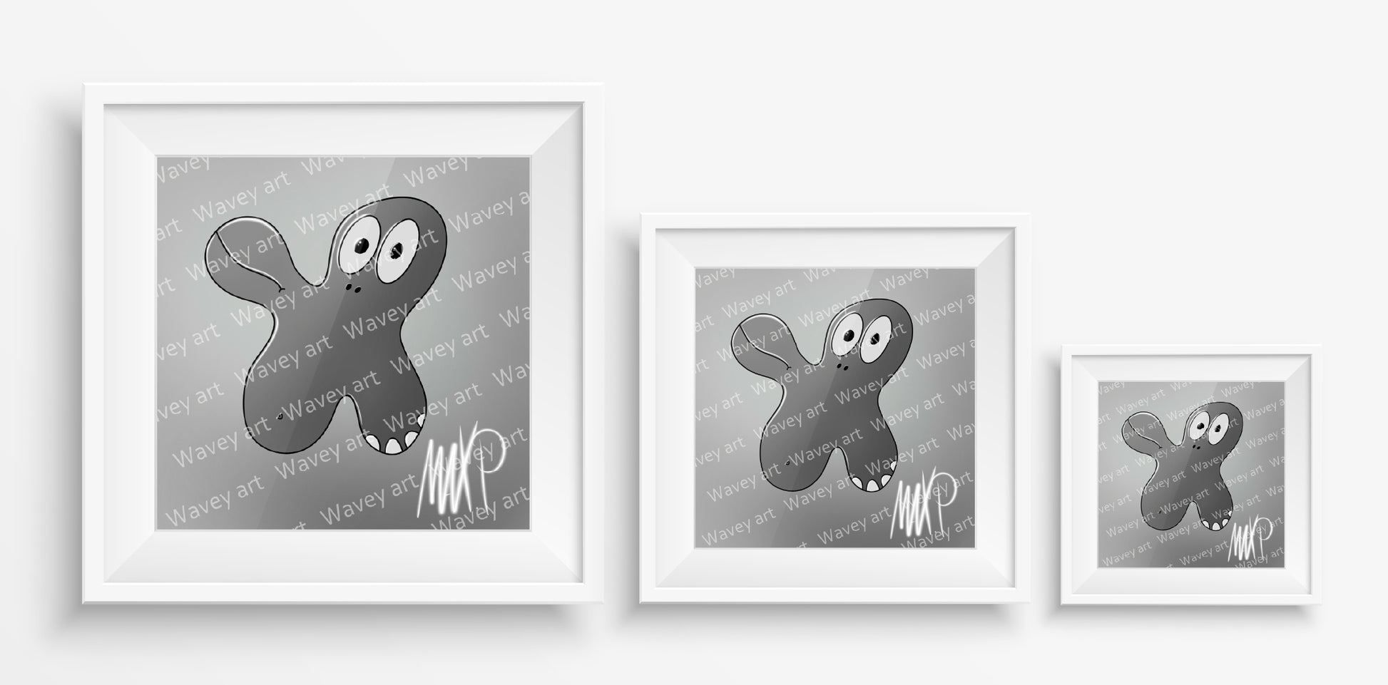 Mock-up display of the Joep art print by Max.P in three square sizes: 20×20 cm, 30×30 cm, and 40×40 cm, showing dark grey figure on light grey background