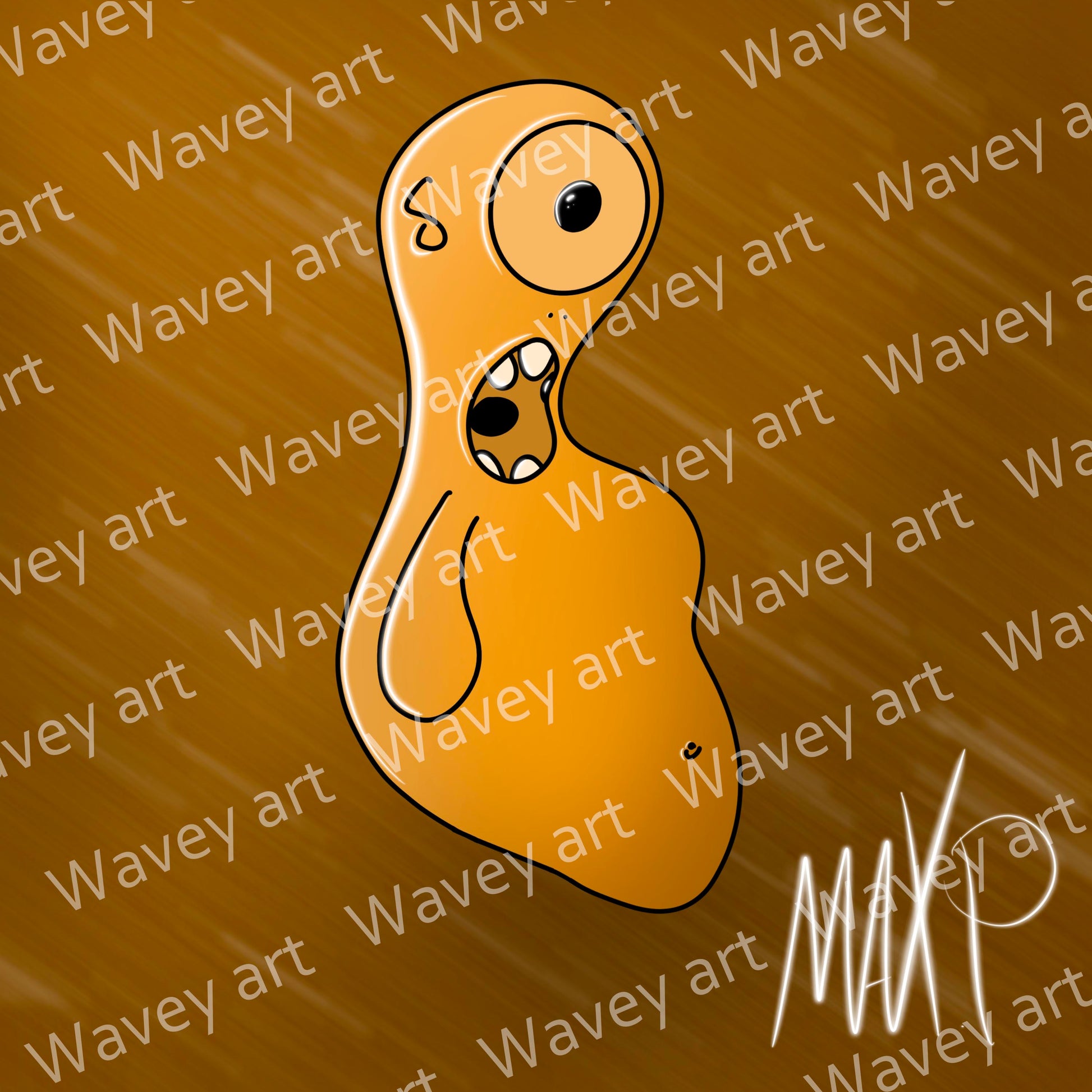 Digital artwork titled Lalla by Max.P, showing a light brown one-eyed figure with an open mouth on a striped brown background with visible watermark