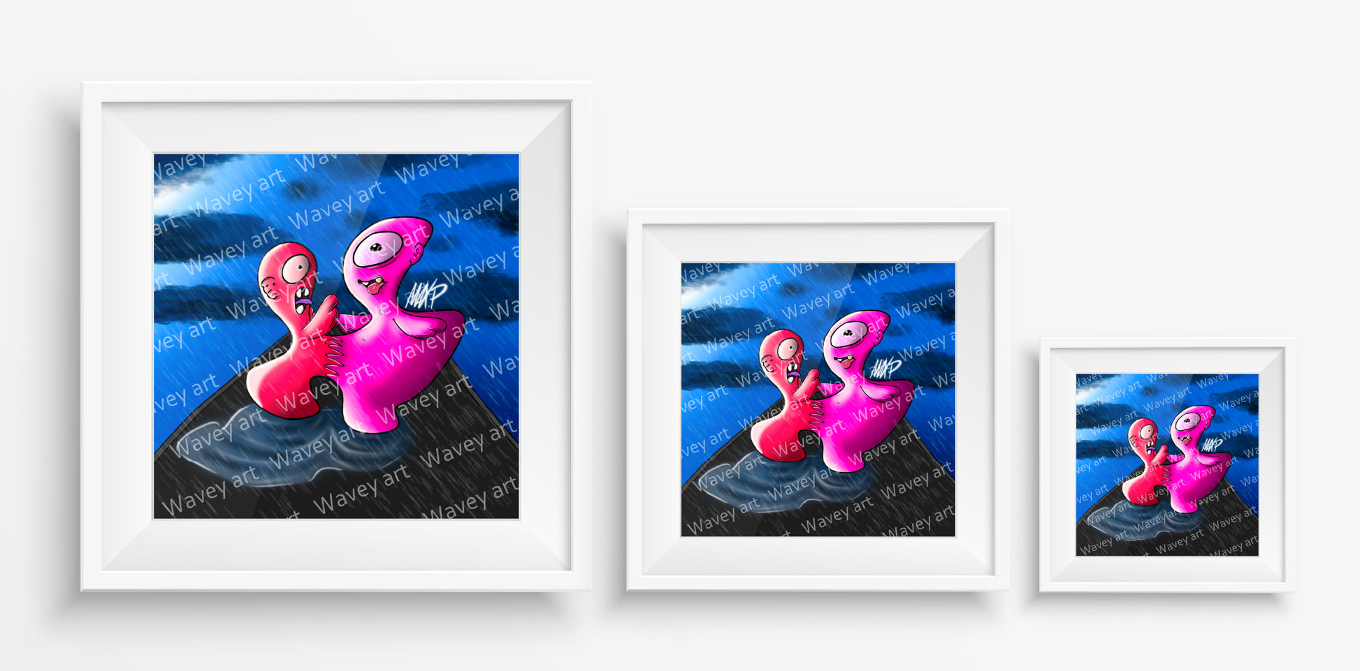 Mock-up display of the LIV ∞ LIS art print by Max.P in three square sizes: 20×20 cm, 30×30 cm, and 40×40 cm, showing two connected rose-toned characters in a rainy scene with clouds and puddle