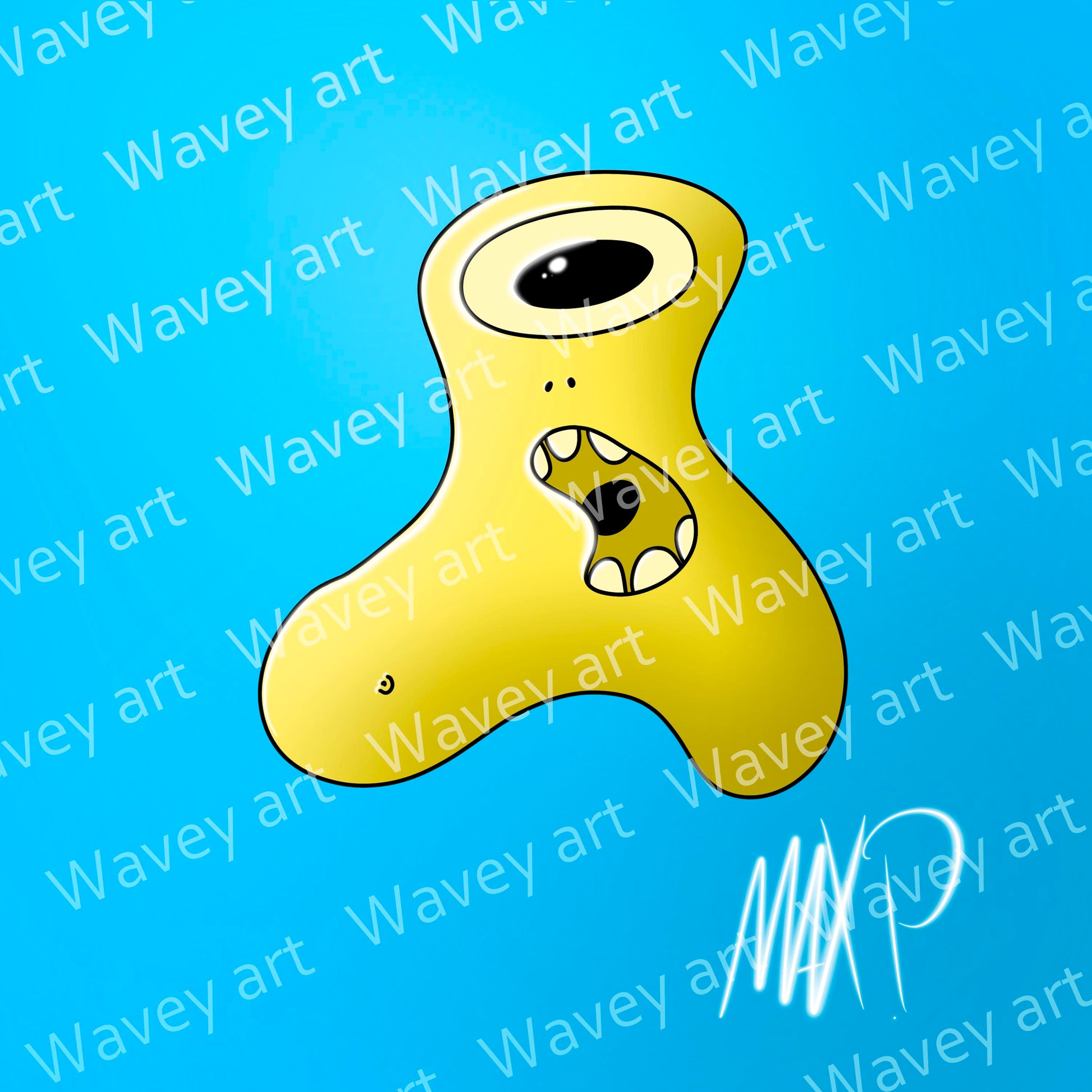 Digital artwork titled Look by Max.P, showing a yellow one-eyed figure on a deep blue background with visible watermark

