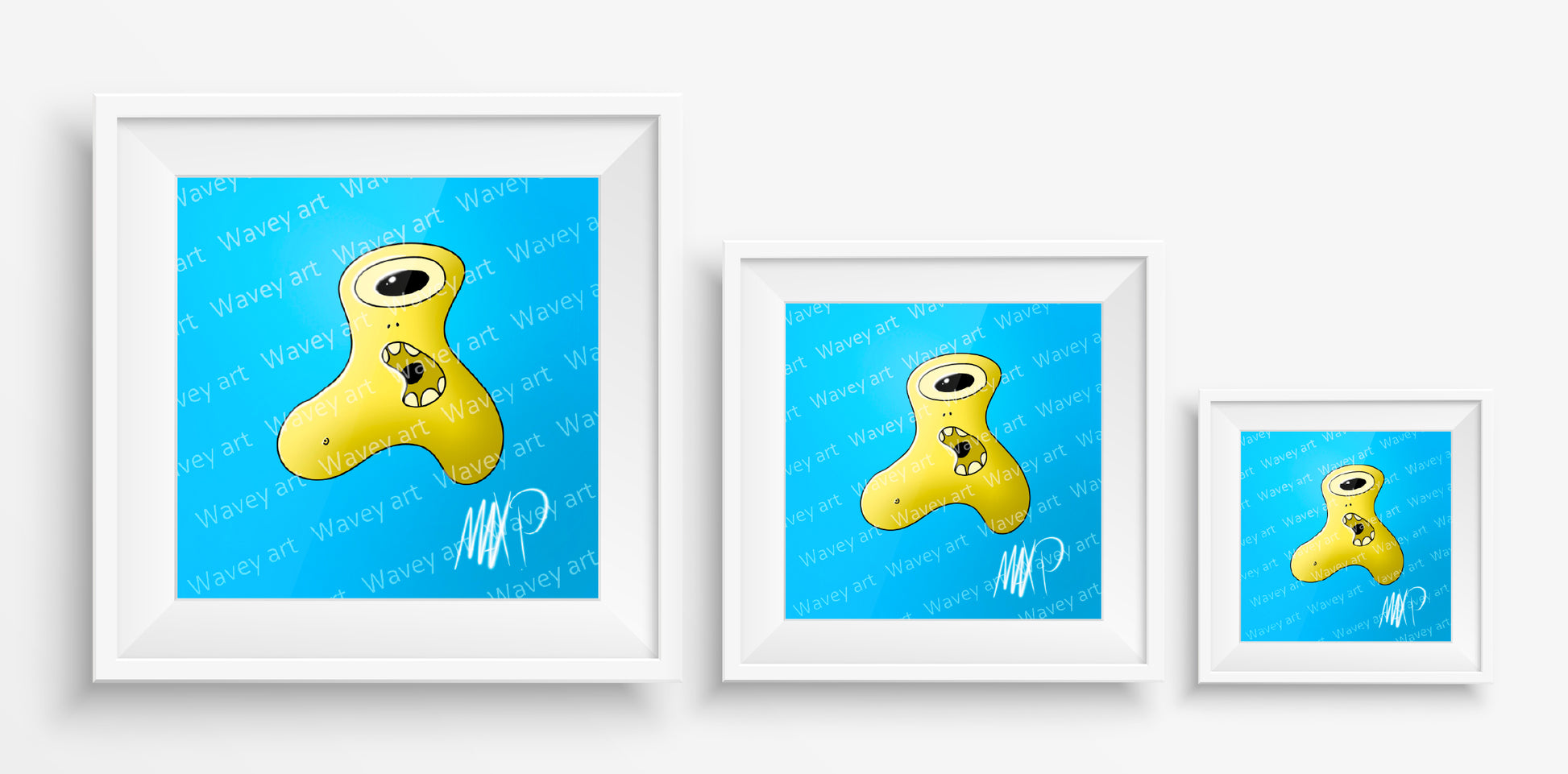 Mock-up display of the Look art print by Max.P in three square sizes: 20×20 cm, 30×30 cm, and 40×40 cm, showing yellow figure on deep blue background