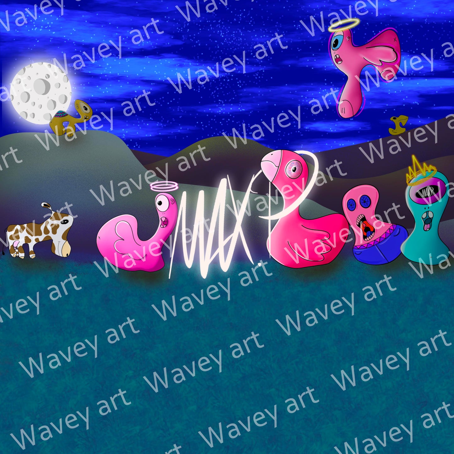 Digital artwork titled max.pfam by Max.P, showing eight one-eyed figures standing on grassy hills in the dark with the name "max.pfam" in the background and artist signature at the center, with visible watermark
