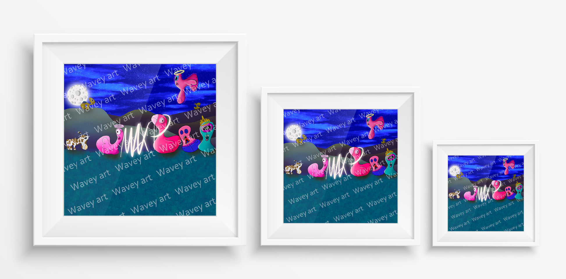 Mock-up display of the max.pfam art print by Max.P in three square sizes: 20×20 cm, 30×30 cm, and 40×40 cm, showing dark group scene with eight figures, grass, hills, and signature

