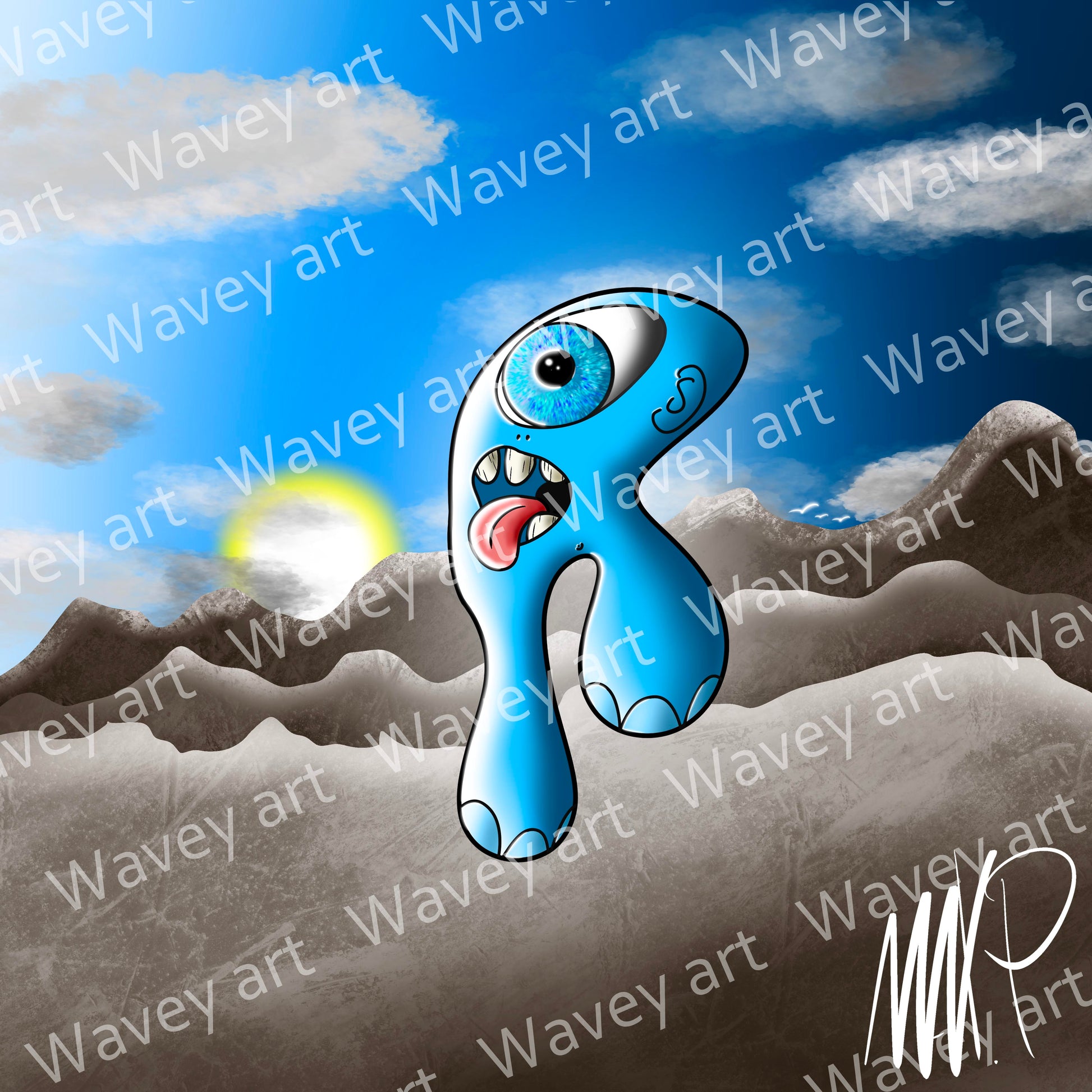 Digital artwork titled Noon by Max.P, showing a bright blue one-eyed figure with tongue out and mouth open, set against a sunset sky with grey-white clouds and mountains, with visible watermark