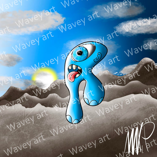 Digital artwork titled Noon by Max.P, showing a bright blue one-eyed figure with tongue out and mouth open, set against a sunset sky with grey-white clouds and mountains, with visible watermark
