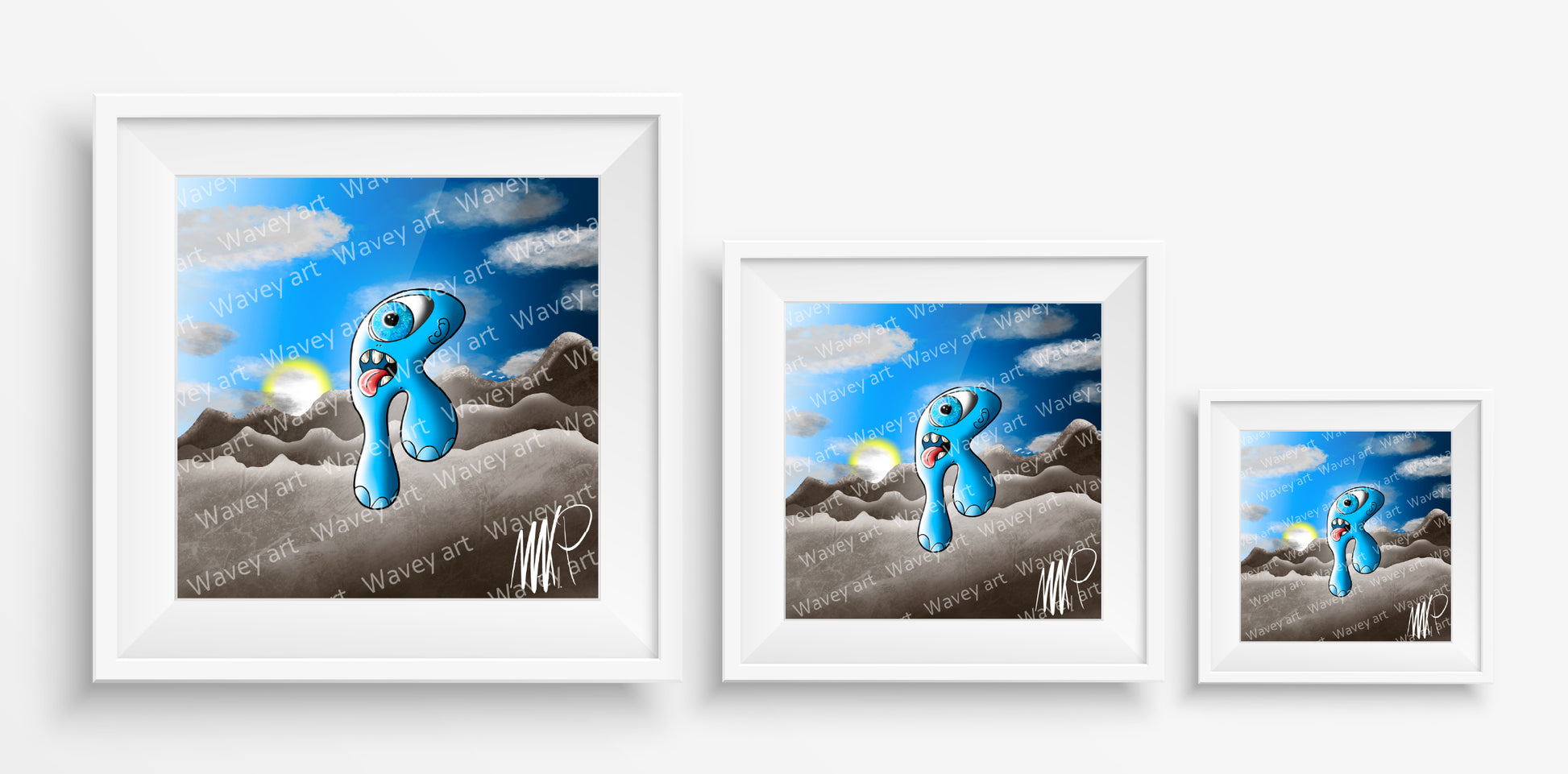 Mock-up display of the Noon art print by Max.P in three square sizes: 20×20 cm, 30×30 cm, and 40×40 cm, showing blue figure with tongue out on sunset mountain background