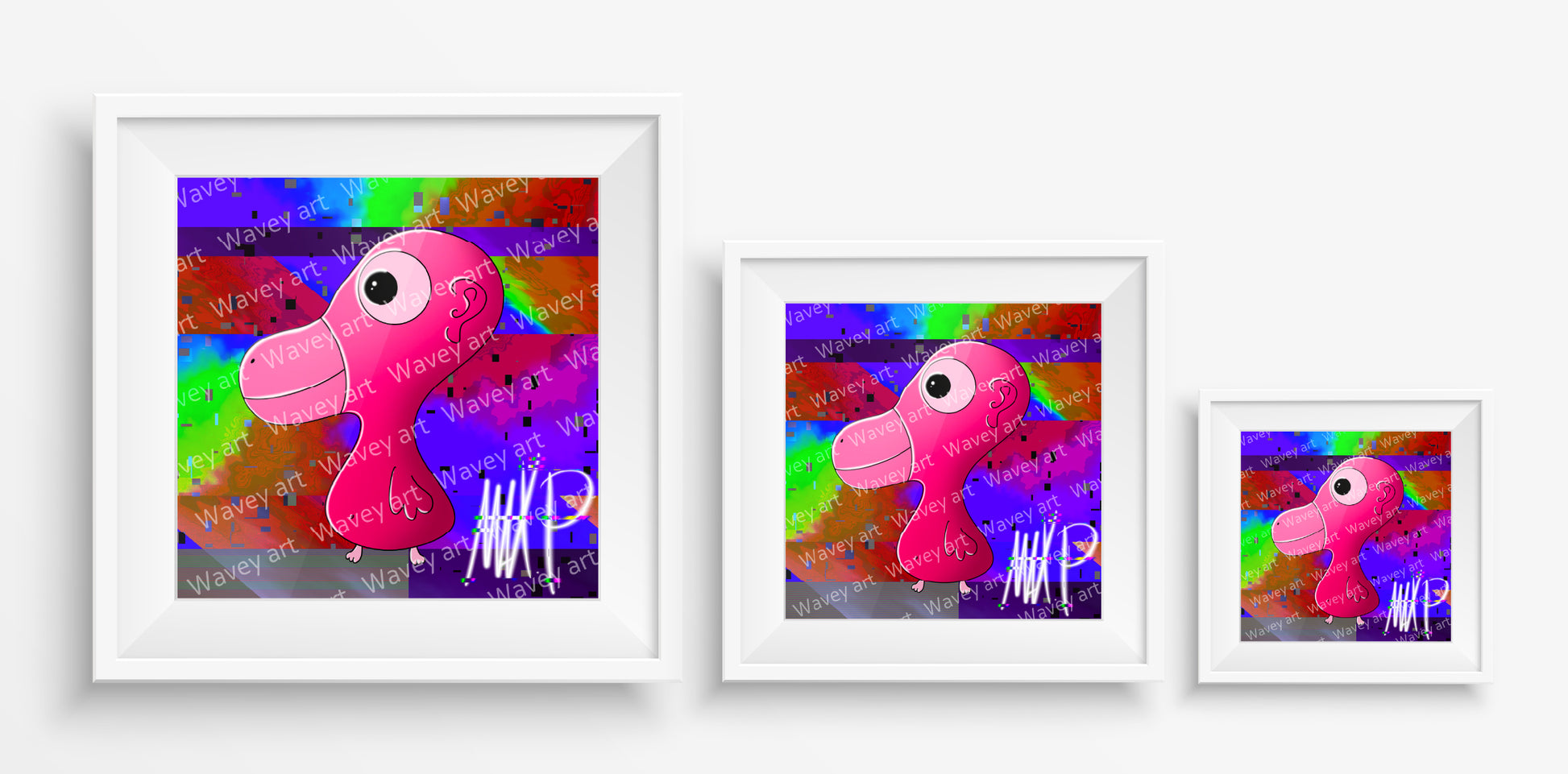 Mock-up display of the Runo art print by Max.P in three square sizes: 20×20 cm, 30×30 cm, and 40×40 cm, showing pink duck-like figure on glitchy background