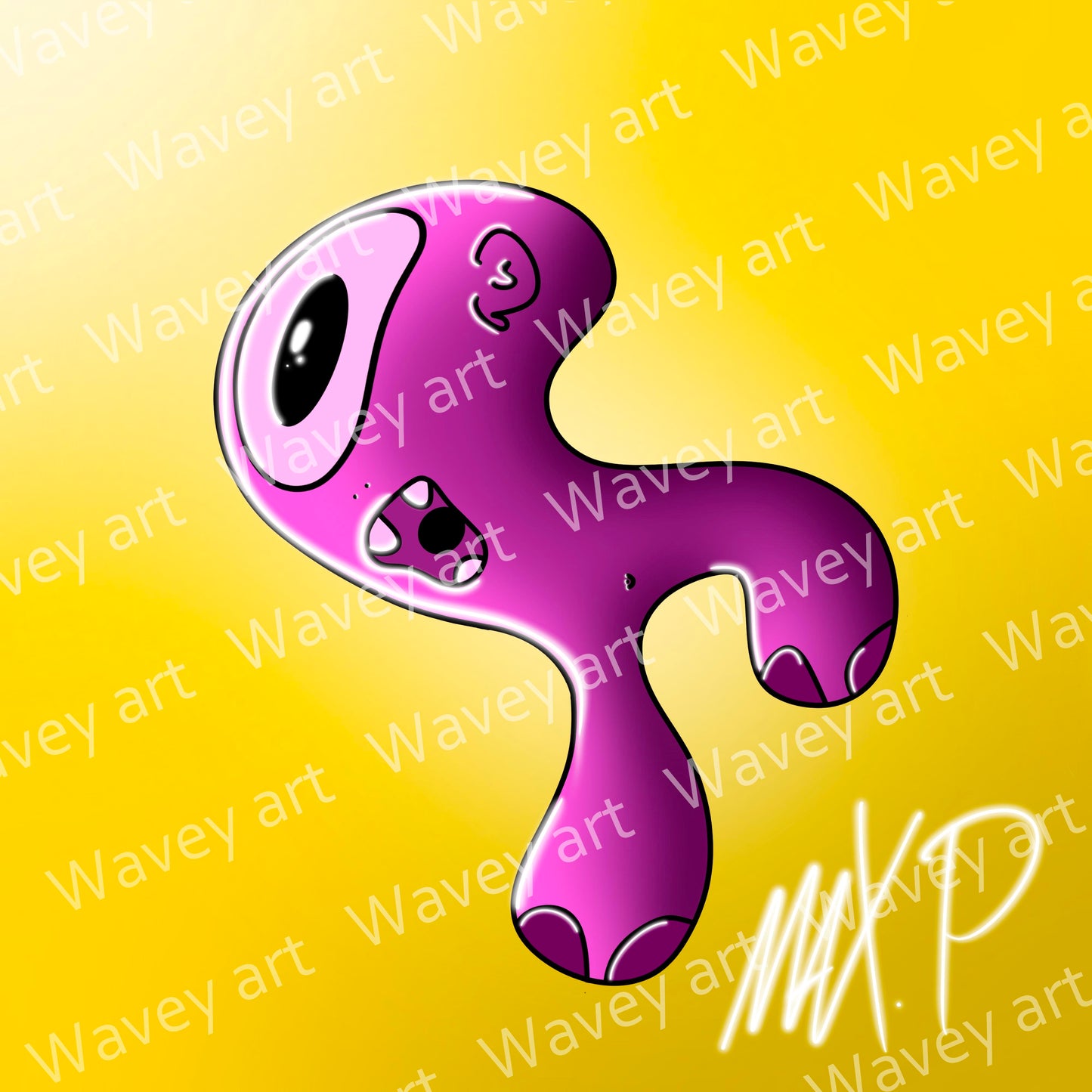 Digital artwork titled Sopja by Max.P, showing a purple-pink one-eyed figure on a bright yellow background with visible watermark