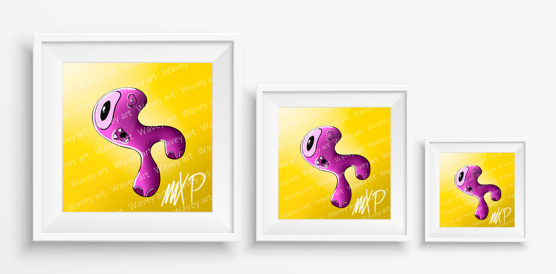Mock-up display of the Sopja art print by Max.P in three square sizes: 20×20 cm, 30×30 cm, and 40×40 cm, showing purple-pink figure on yellow background