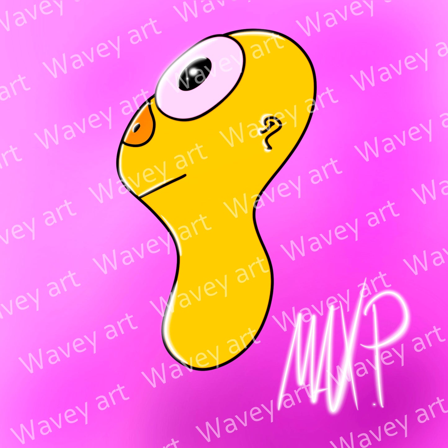 Digital artwork titled Steve by Max.P, showing a yellow one-eyed figure on a soft pink background with visible watermark