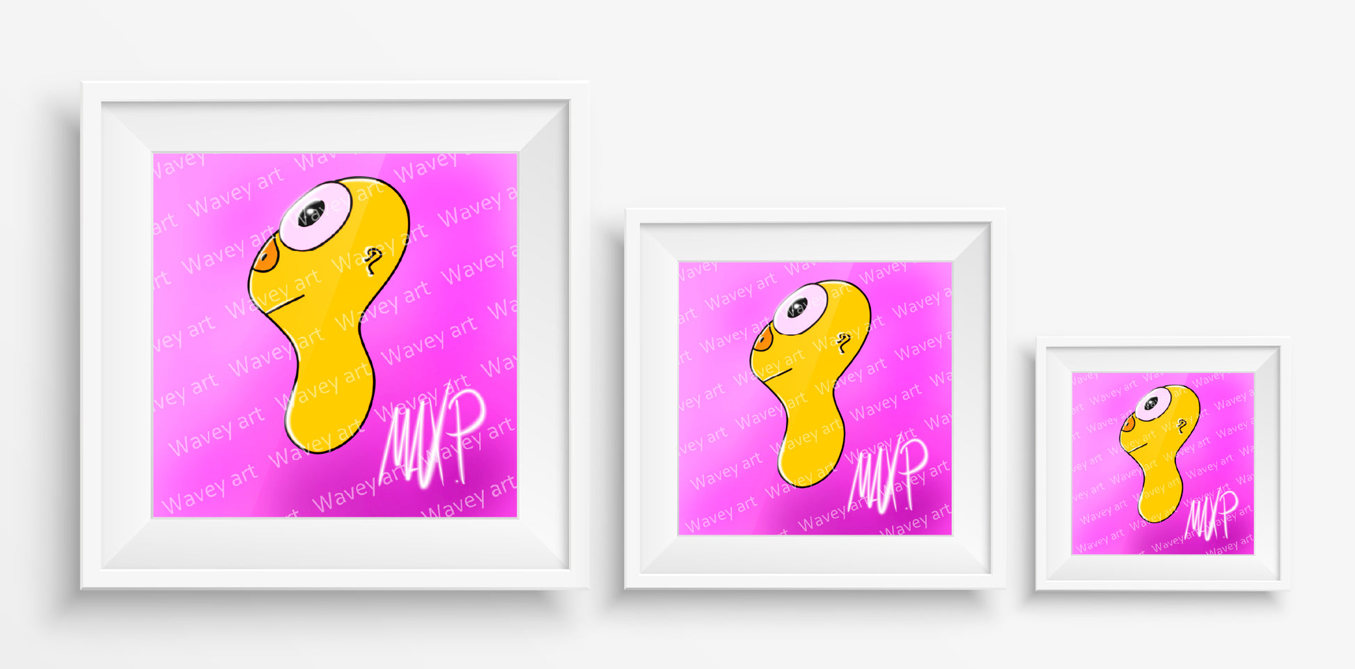 Mock-up display of the Steve art print by Max.P in three square sizes: 20×20 cm, 30×30 cm, and 40×40 cm, showing yellow figure on soft pink background