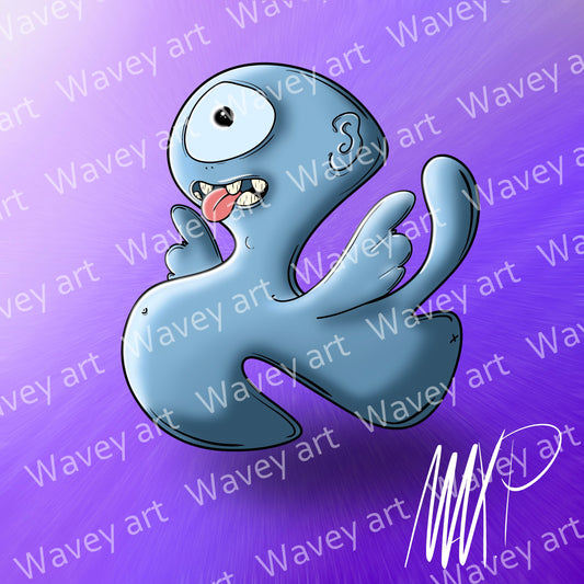 Digital artwork titled Troll by Max.P, showing a grey-blue one-eyed figure with tongue out and wings open on a purple background with soft white haze, with visible watermark