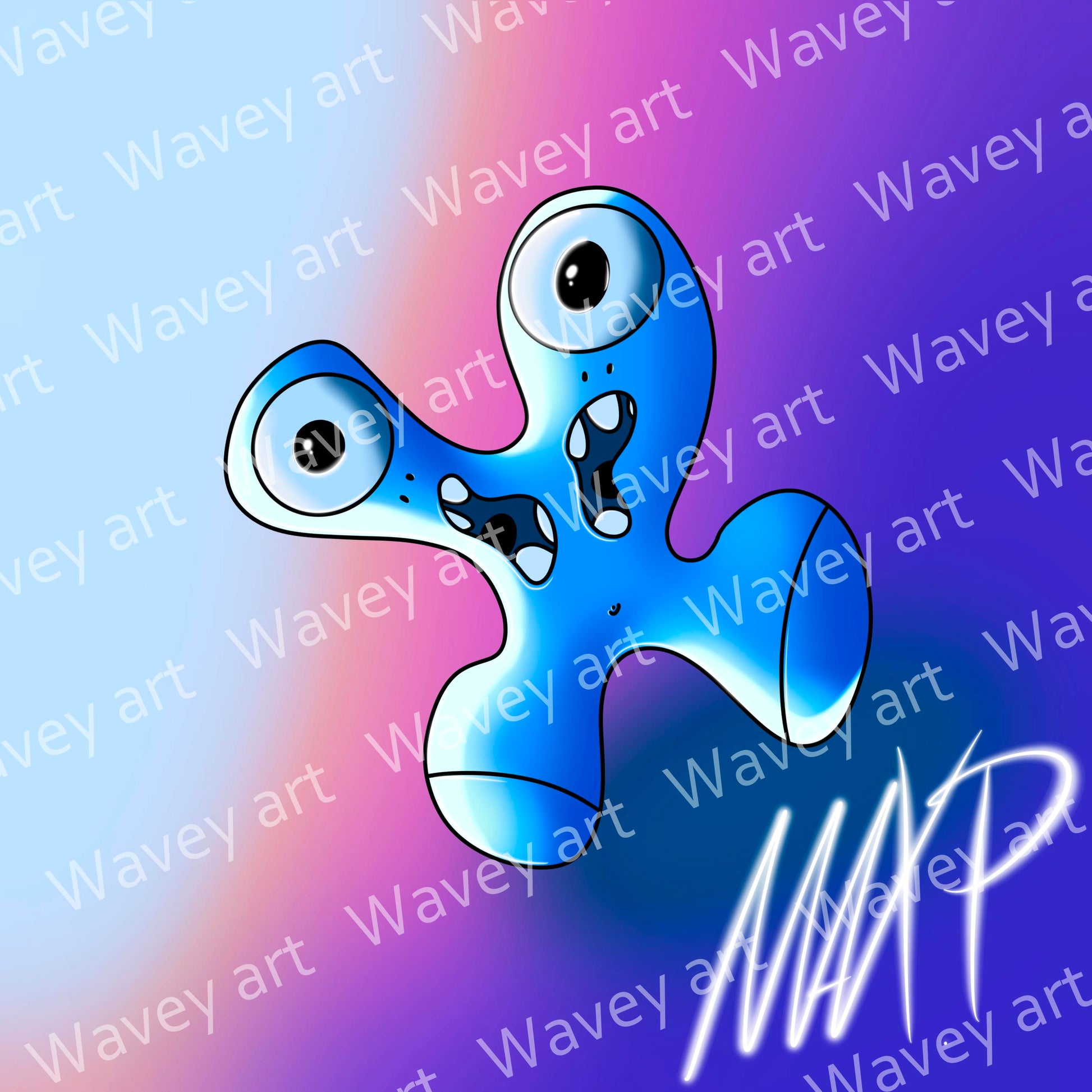 Digital artwork titled Zulu by Max.P, showing a soft purple double-faced figure with two eyes and two mouths on a pastel background of blue, pink, and purple, with visible watermark