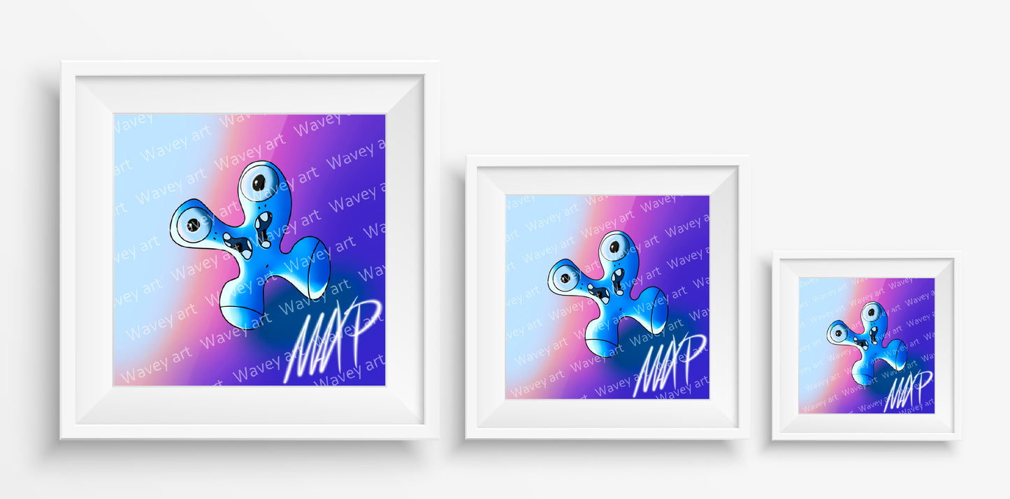 Mock-up display of the Zulu art print by Max.P in three square sizes: 20×20 cm, 30×30 cm, and 40×40 cm, showing purple double-faced figure on pastel blue-pink-purple background
